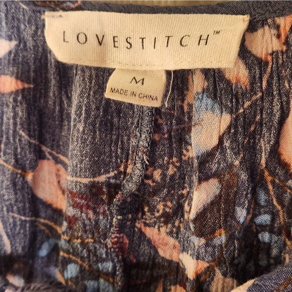 Lovestitch M Gray Lead Floral Print  Peasant Boho Lngslvs Women's Top Blouse - Picture 2 of 7